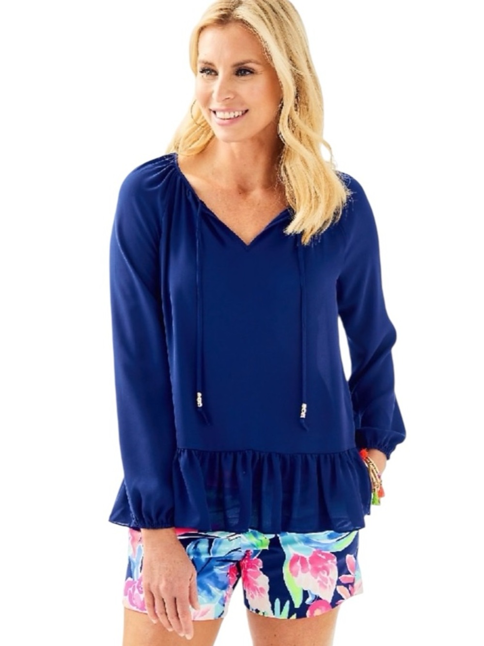 Pretty! Lilly Pulitzer Navy V-Neck W/Tie. Peplum Hem Blouse. Gold Beads. Sz.L
